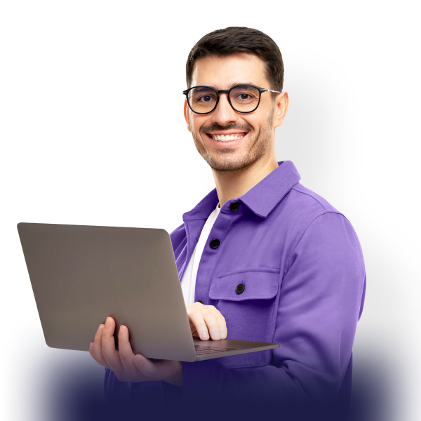 Imagem de homem corporativo segurando um notebook